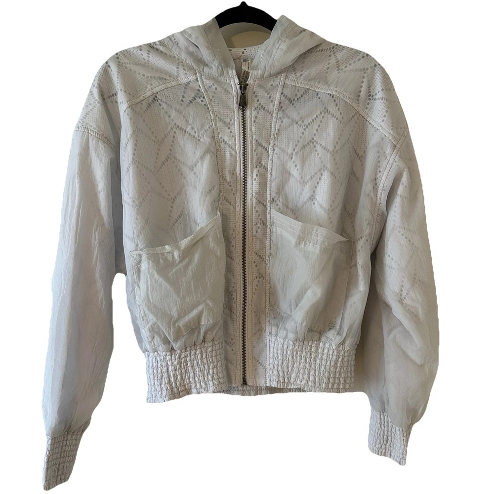 FP Free People Movement White Jacket Eyelet‎ Sheer Cropped Bomber Hoodie XS *R*